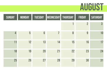 Calendar planner 2019. Monthly planner. August.