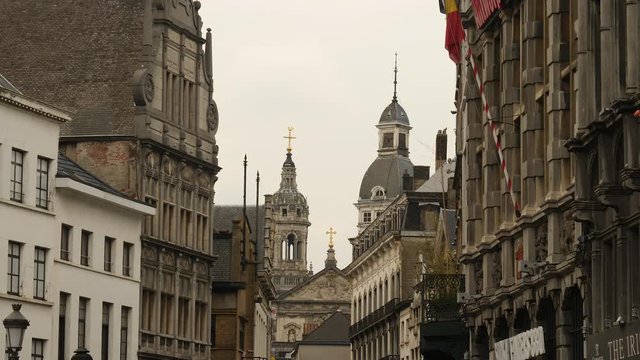 Antwerp, Belgium, cityscape with facades and cathedral. Long shot.