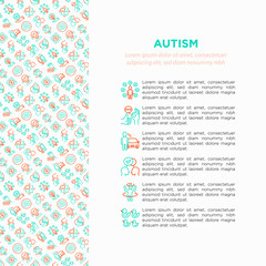 Autism concept, symptoms and adaptive skills thin line icons: repetitive behavior, stereotypy, ignoring of danger, autoaggression, hysterics, social interaction. Modern vector illustration.