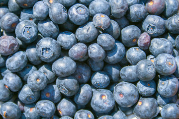 Fresh organic ripe blueberries in a basket with other blurred out of focus fruits and vegetables on the background, in a market, close up