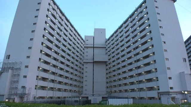 OJI,  TOKYO,  JAPAN - CIRCA APRIL 2019 : Scenery of RESIDENTIAL APARTMENT area in SUNSET at Oji city.  This area is famous for HUGE APARTMENT BUILDINGS in Tokyo.