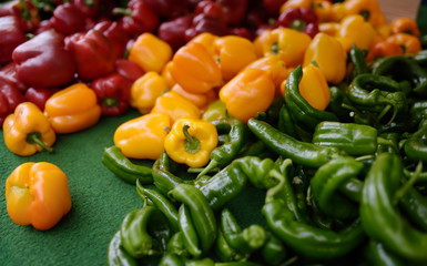 Fresh healthy bio red, yellow paprika and green pepper on farmer agricultural market