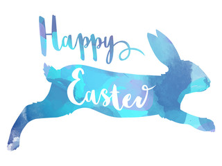 Watercolor splash silhouette of a jumping rabbit with typography text saying 