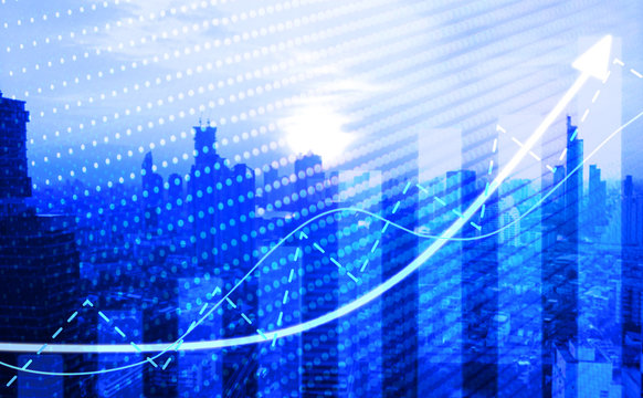 Chart direction up trend and volume on blue theme background  business building - Powered by Adobe