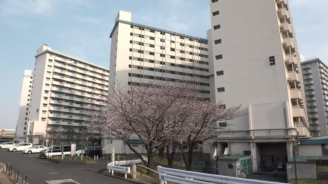 OJI,  TOKYO,  JAPAN - CIRCA APRIL 2019 : Scenery of RESIDENTIAL APARTMENT area in Oji city.  This area is famous for HUGE APARTMENT BUILDINGS in Tokyo.  Spring cherry blossom season. 