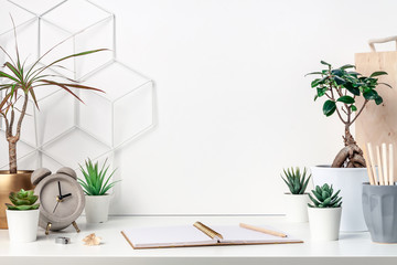 White desk at an empty wall with a geometric pattern. Copy space. Green succulents, bonsai, wooden stand, open notebook and gray concrete clock. Bright composition. Hipster table