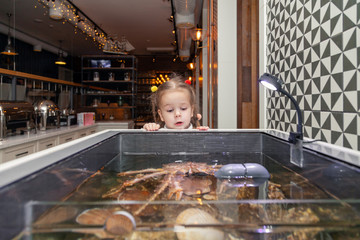 Fototapeta na wymiar Little cute child baby girl baby look at crab and oysters in aquarium fish restaurant. Concept crab watching, a fresh seafood, curious baby
