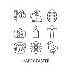 Easter flat line icons set. Christian holiday signs. Chocolate rabbit, colored eggs, flowers,  candle, cake, chick, christian cross. Vector illustration.