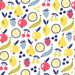 Fruit seamless pattern. Surface kid decoration with apple, pear, banana, lemon, strawberry, cherry and berry. Vector illustration.