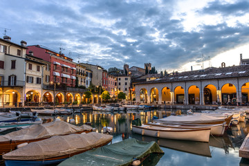 Sunset over marina at Lake Garda in Desenzano, Italy