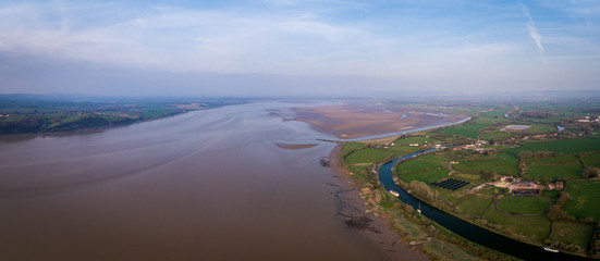 Aerial view of the Historic tidal river bank erosion protection scheme at Purton Hulks, Gloucestershire, UK