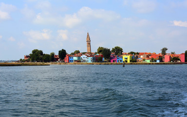 View of painted houses of Burano Island in the Venetian Lagoon n