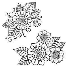 Set of Mehndi flower pattern for Henna drawing and tattoo. Decoration in ethnic oriental, Indian style.
