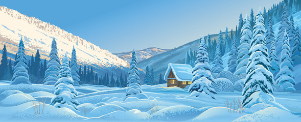 Winter mountain landscape with a hut, dawn in the mountain forest.