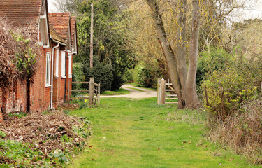 grassy rural footpath running beside a red brick wall