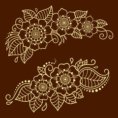 Set of Mehndi flower pattern for Henna drawing and tattoo. Decoration in ethnic oriental, Indian style.