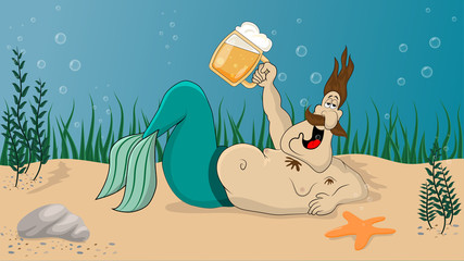 Mermaid man with a glass of beer is resting on the ocean floor