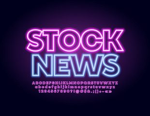 Vector glowing banner Stock News with Neon lighting Font. Illuminated Alphabet Letters, Numbers and Symbols
