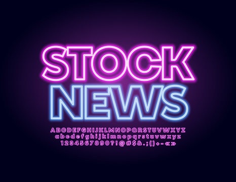 Vector glowing banner Stock News with Neon lighting Font. Illuminated Alphabet Letters, Numbers and Symbols