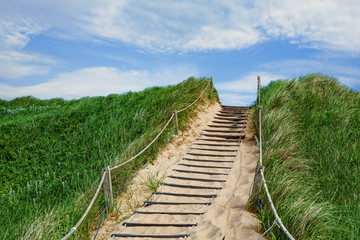 Fototapeta premium Stairs leading over the sand dunes at the beach in Greenwich, at the PEI National Park, Prince Edward Island, Canada.