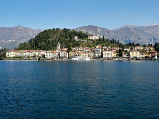 Fototapeta premium Bellagio, Italy March 30 2019 Frontal Lanscape view of Bellagio Town