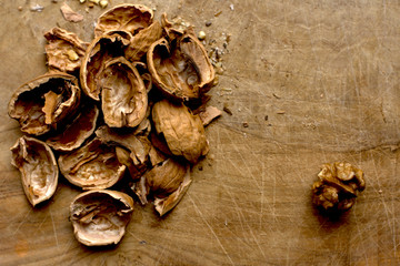 Walnut on a wooden board