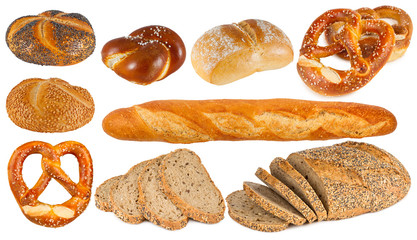 Set collection of german and french bakery products bread bun pretzel baguette isolated white...