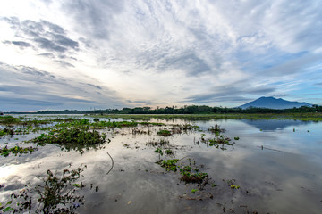The view of the lake with a mountain of clear, cloudy sky Java indonesia 