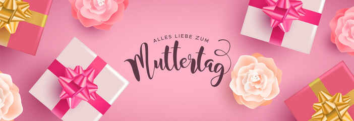 German Mothers Day banner with gifts and flowers