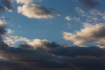 The view of the sky with different states of nature, at dawn and at dusk with dramatic red clouds, sunshine and beautiful sunsets and sunrises.