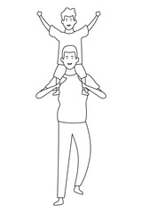 Single father playing with son on back in black and white