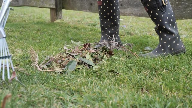 women with nice gumboots shows how to use a metal leaf rake to clean up the lawn in springtime 4k-  video
