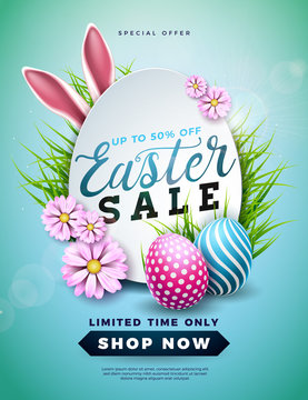 Easter Sale Illustration with Color Painted Egg, Spring Flower and Rabbit Ears on Blue Background. Vector Holiday Design Template for Coupon, Banner, Voucher or Promotional Poster.