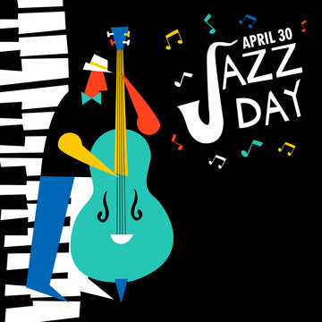 April 30 Jazz Day card of bass player in concert