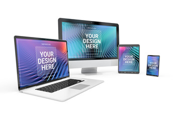 Computer, Laptop, Phone, and Tablet on White Mockup