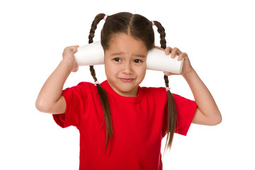 cute little child girl playing with Paper Phone isolated on white background