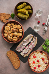 Traditional Russian appetizer and vodka, sauerkraut with cranberries, herring, pickled cucumbers, pickled mushrooms and rye bread on a brown background. Top view, copy space.