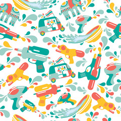 Songkran festival in Thailand. Colorful seamless Pattern with gun,elephant, water, and tuk-tuk.
