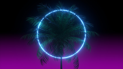 3D vaporwave render background with neon circle, palms and night violet sky. Synthwave 1980s rentowave illustration.