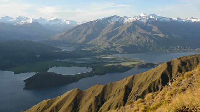 Beautiful sunset mountain view from the Roys Peak near Wanaka Lake, New Zealand