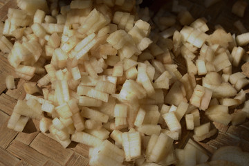 the middle or the inside part of a banana tree was chopped . this is used as vegetable in India .