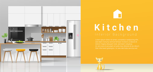 Modern white kitchen with yellow wall background , vector , illustration