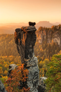 Wehlnadel rocks at sunset in Elbe Sandstone Mountains, Germany