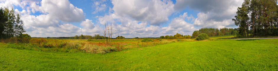 Fototapeta na wymiar Panoramic landscape with meadows under cloudy sky