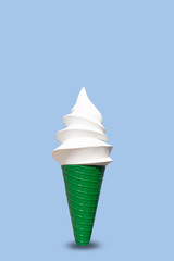 Ice cream, green plastic base, placed on a blue background