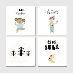 Collection of children cards with cute wild cartoon animals and lettering. Perfect for nursery posters - 259193561