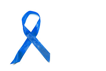 Blue Awareness Ribbon isolated on white background with copy space. Addiction, ARDS, colon cancer, Huntington's Disease. 