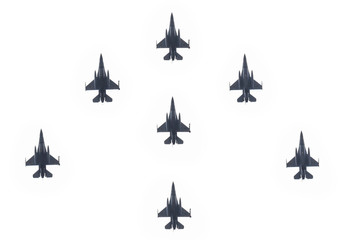 Formation of military planes compound of modern fighter jets isolated on white background. Army aircrafts group. Concept of war, conflict and combat air patrol. 