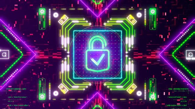 Cyber security, computer protection and internet safety symbol on digital background. 3D render hologram with padlock sign, code and glitch effect. Abstract concept animation