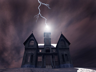 Fototapeta na wymiar Haunted house struck by lightning